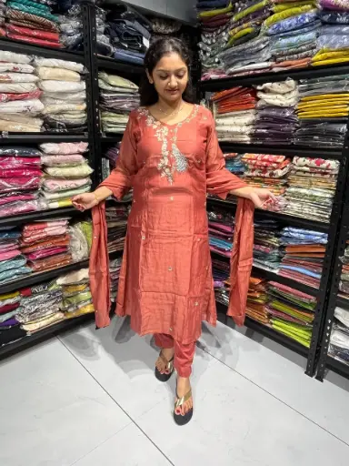 Rust Orange Mull Chanderi Handwork 3-Piece Suit Set with Dupatta