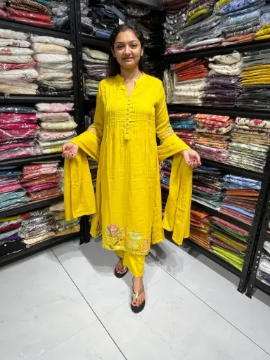 Sunshine Yellow Mull Cotton 3-Piece Suit Set with Tassel Detailing & Embroidery