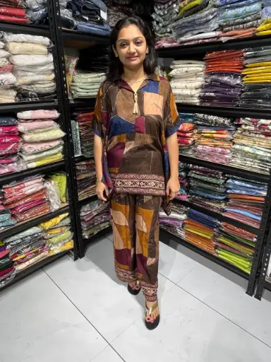 Brown & Multicolor Patch Printed Gaji Silk Co-ord Set for Women