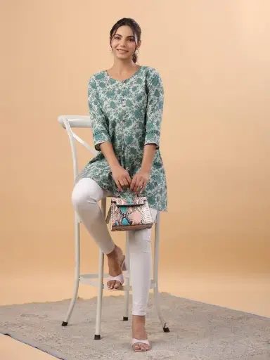 Sage Cotton Floral A-Line Tunic