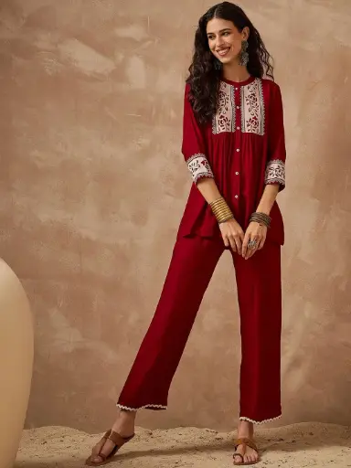 Maroon Embroidered Rayon Cotton Co-ord Set for Women – Top & Bottom