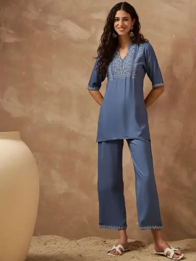 Blue Embroidered Rayon Cotton Co-ord Set for Women – Stylish Top & Bottom