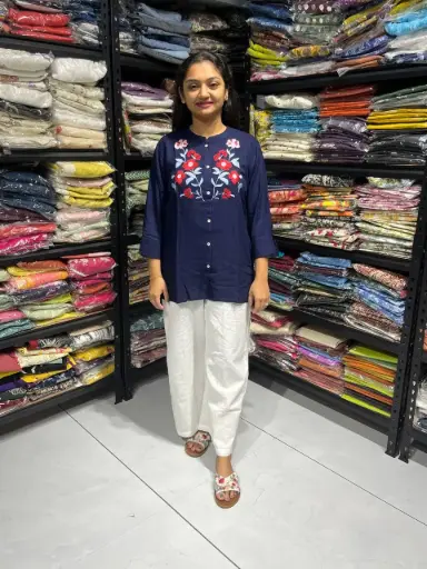 Navy Blue Embroidered Rayon Cotton Tunic Top for Women