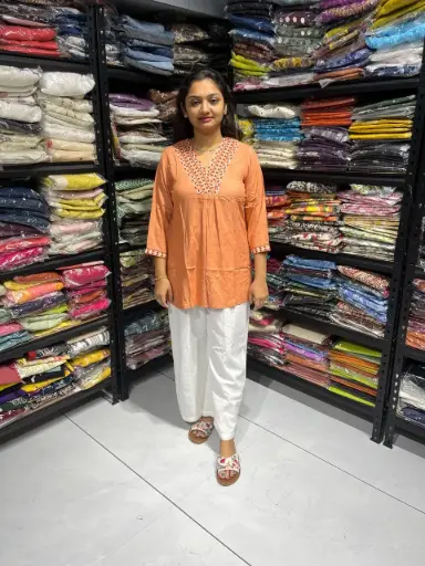 Geometric Neck Embroidery Rayon Cotton Top