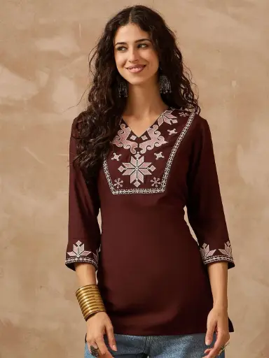 Brown Embroidered Rayon Cotton Tunic Top