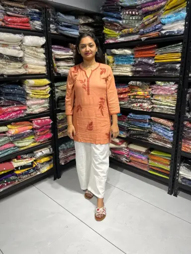 Peach Embroidered Rayon Cotton Tunic Top