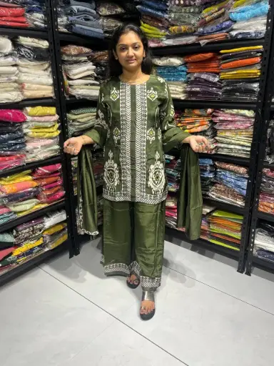 Olive Green Gaji Silk Printed Coord Set with Real Mirror Work & Dupatta