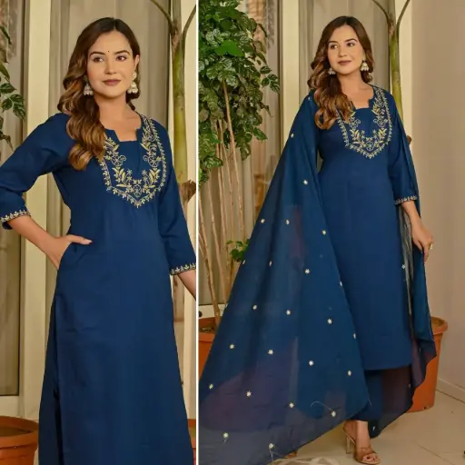 Navy Blue Cotton Embroidered Kurta Set with Dupatta