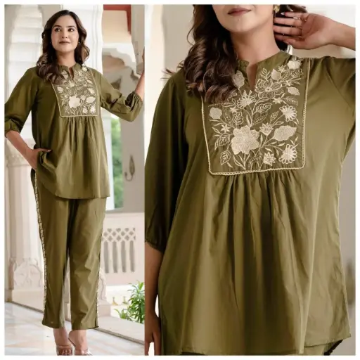Olive Green Cotton Embroidered Co-ord Set for Women
