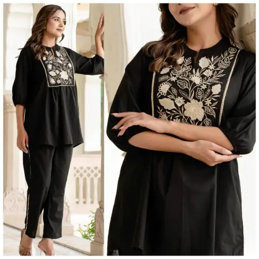Black Cotton Embroidered Co-ord Set for Women – Stylish Top & Bottom