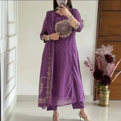 Royal Purple Mull Cotton 3-Piece Set with Print & Embroidery Work