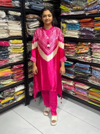 Hot Pink Gaji Silk Laheriya Print Co-ord Set with Fish Cut Kurta, Tassels & Necklace