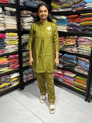 Olive Green Banarasi Mull Chanderi Co-ord Set with Applique & Hand Embellished Detailing