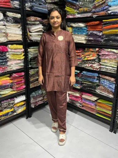 Rust Brown Banarasi Mull Chanderi Co-ord Set with Applique & Hand Embellished Detailing