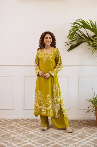 Mustard Reyon Cotton Kurta Plazzo Set with Print & Handwork (2-Piece)