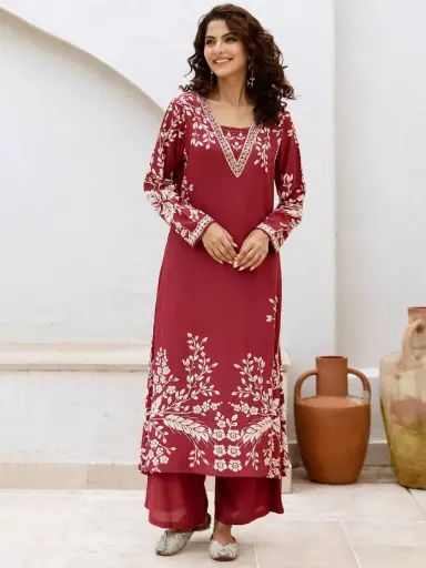 Rani pink Reyon Cotton Kurta Plazzo Set with Print & Handwork (2-Piece)