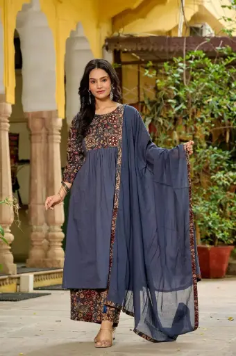 Navy Blue Mull Cotton 3-Piece Suit Set with Print, Mirror & Handwork