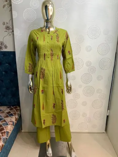 Lime Green Mull Cotton 2-Piece Kurta Palazzo Set with Print & Bead Handwork