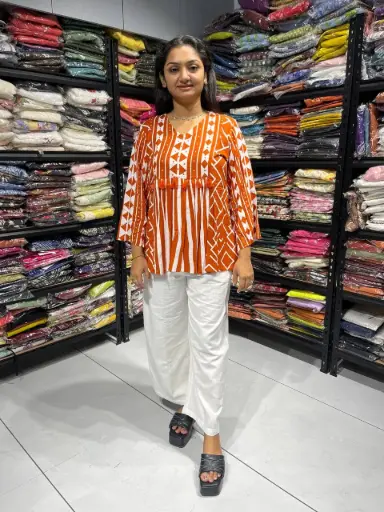 Orange & White Geometric V-Neck Rayon Tunic Top