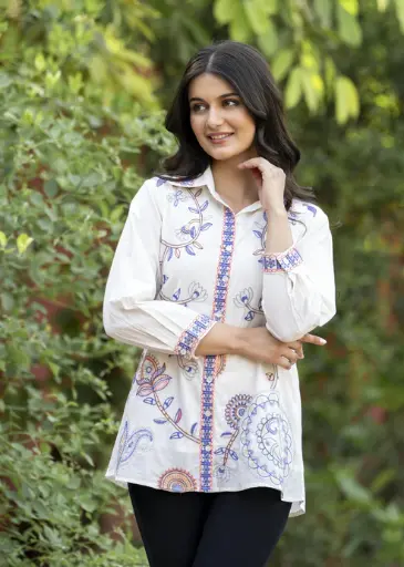 White Premium Cotton Embroidered Shirt Top