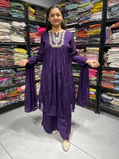 Royal Purple Amira Chinon Handwork Sharara Set