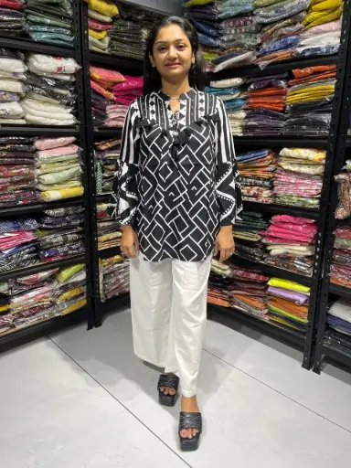 Black Geometric Thread work Rayon Tunic