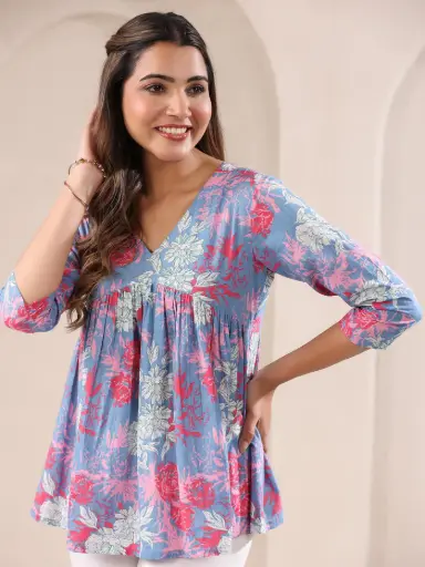 Blue Pure Cotton Pink Floral Printed A-line Top