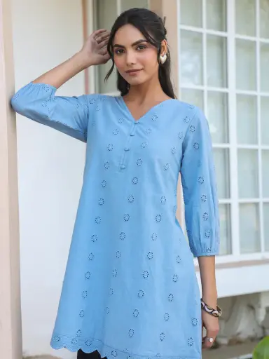 Light Blue Pure Cotton Schiffli Embroidered A-line Tunic