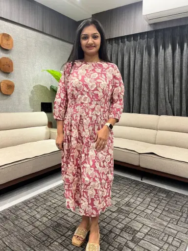 Mauve Pure Cotton Floral Printed Gathered Maternity Kurta