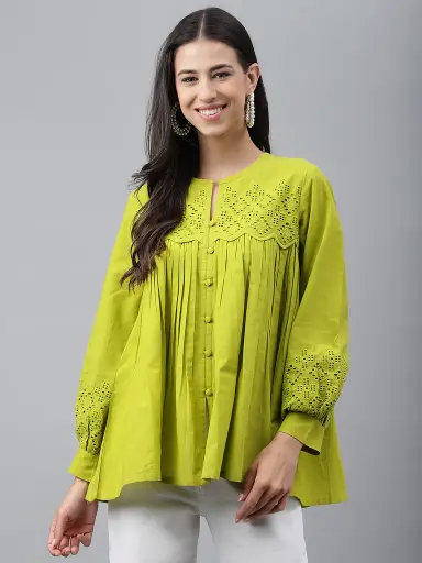 Lime Green Cotton Schiffli Casual Flared Top