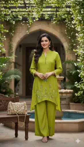 Inaaya Fresh Lime Handcrafted  Mull Chanderi Set