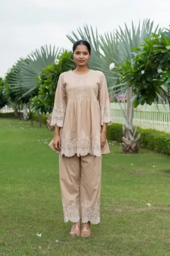 Beige Blossom Chikankari Cutwork Cotton Co-ord Set