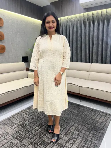 Off White Pure Cotton Schiffli A-line Dress