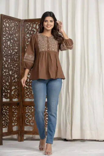 Brown Threadwork Cotton Short Top