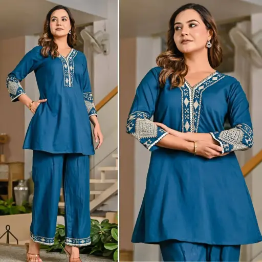 Teal Blue Ethnic Threadwork Kurta Plazzo Set