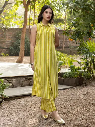 Yellow Cotton Straight-cut Kurta Set