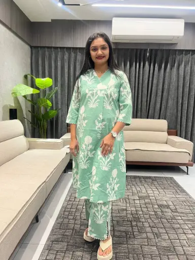 Pista Green Cotton Flared Kurta Set