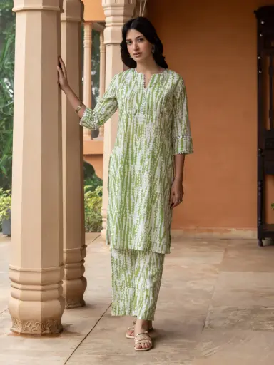 Green Cotton Straight Kurta Set