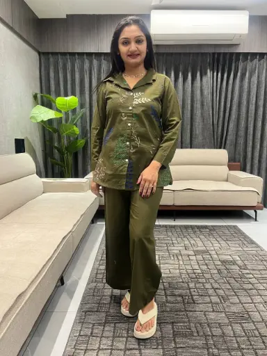 Olive Bloom Embroidered Cotton Co-Ord Set