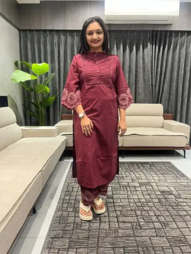 Wine Bloom Embroidered Cotton Kurta Set