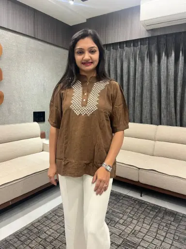 Naira Mocha Embroidered Linen Top
