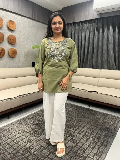 Sage Bloom Embroidered Cotton Tunic