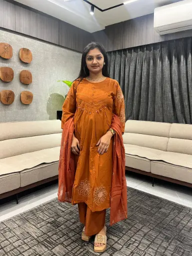 Rust Orange Pure Cotton Embroidered Kurta Set