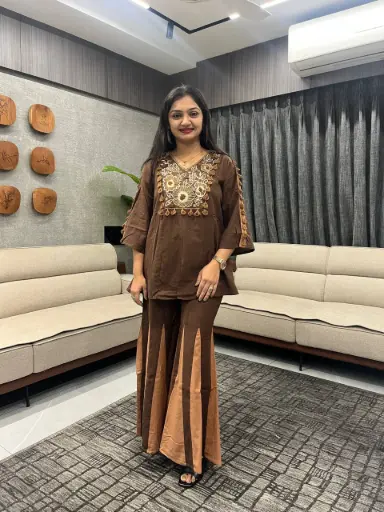 Brown Cotton Embroidered Kurta Sharara Set
