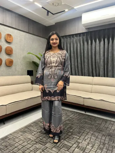 Grey Kashmira Print Viscose Muslin Co-Ord Set