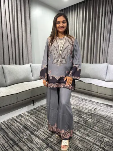 Grey Kashmira Print Viscose Muslin Co-Ord Set
