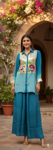 Teal Beads & Sequin Embellished Crepe Co-Ord Set