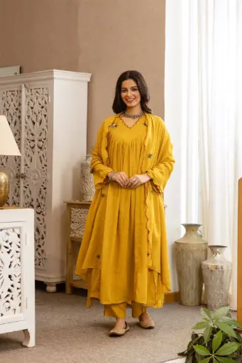 Mustard Bloom Embroidered Kurta Set