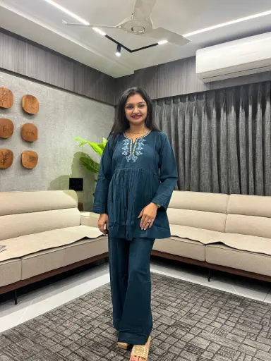 Teal Grace Embroidered Cotton Co-Ord Set