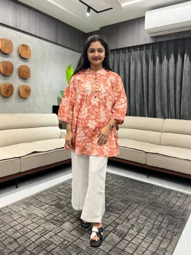 Peach Floral Print Cotton Tunic
